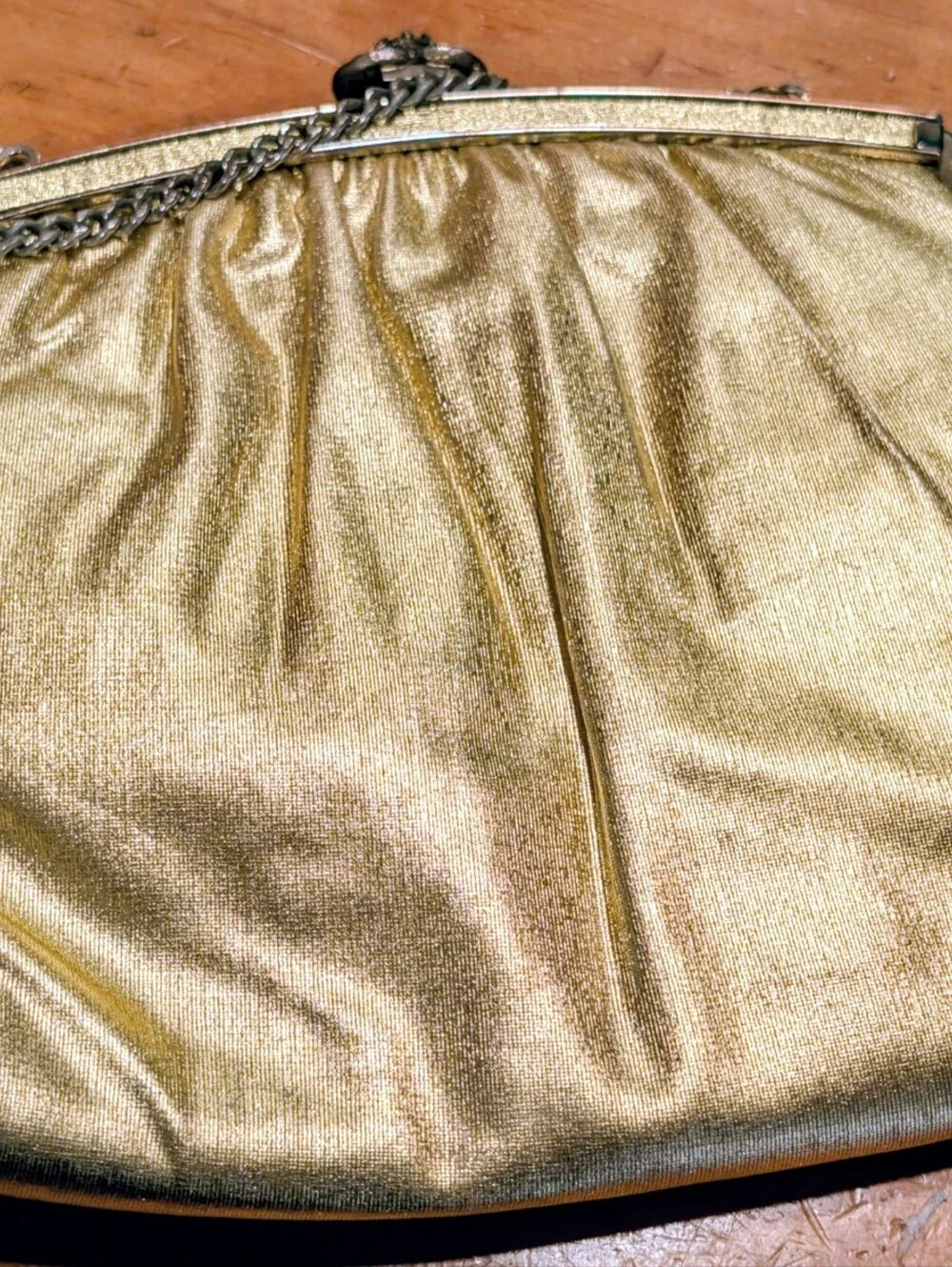 Vintage Gold Metallic Evening Chain Strap Bag Snap Closure With Diamond Accent